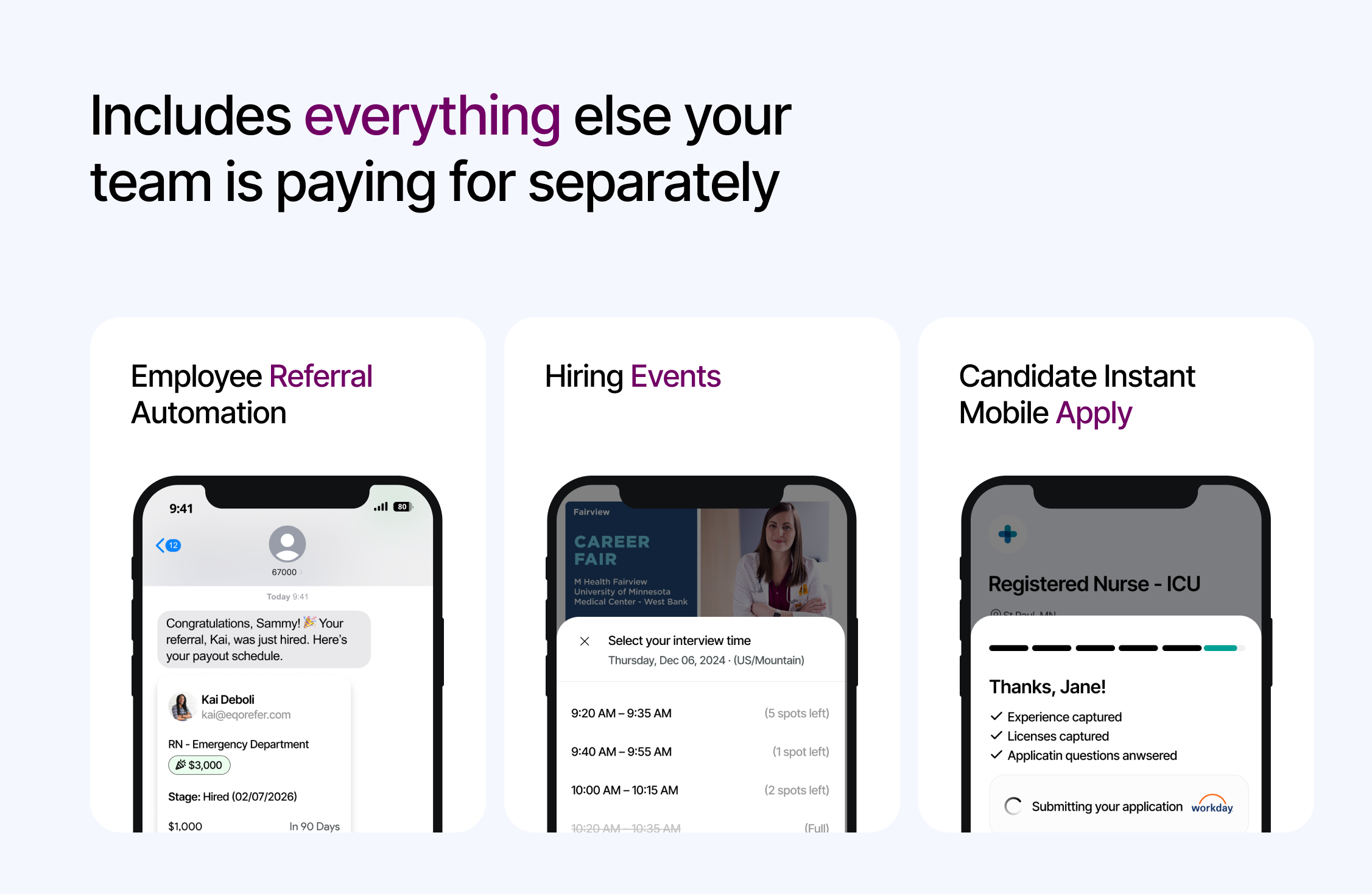 Screenshot of how Hellora helps healthcare hiring teams:
1. Run hiring events with multi-channel invites, bookable interview slots, automated text reminders, and full hire tracking.
2. Automate employee referrals end to end, from a text referral to a payout synced with payroll.
3. Let candidates apply in a few taps with no account, no resume required, and details carried over from their last application.