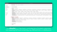 Screenshot of Allowlist: Merchant-controlled list of trusted customers that do not require NoFraud screening.