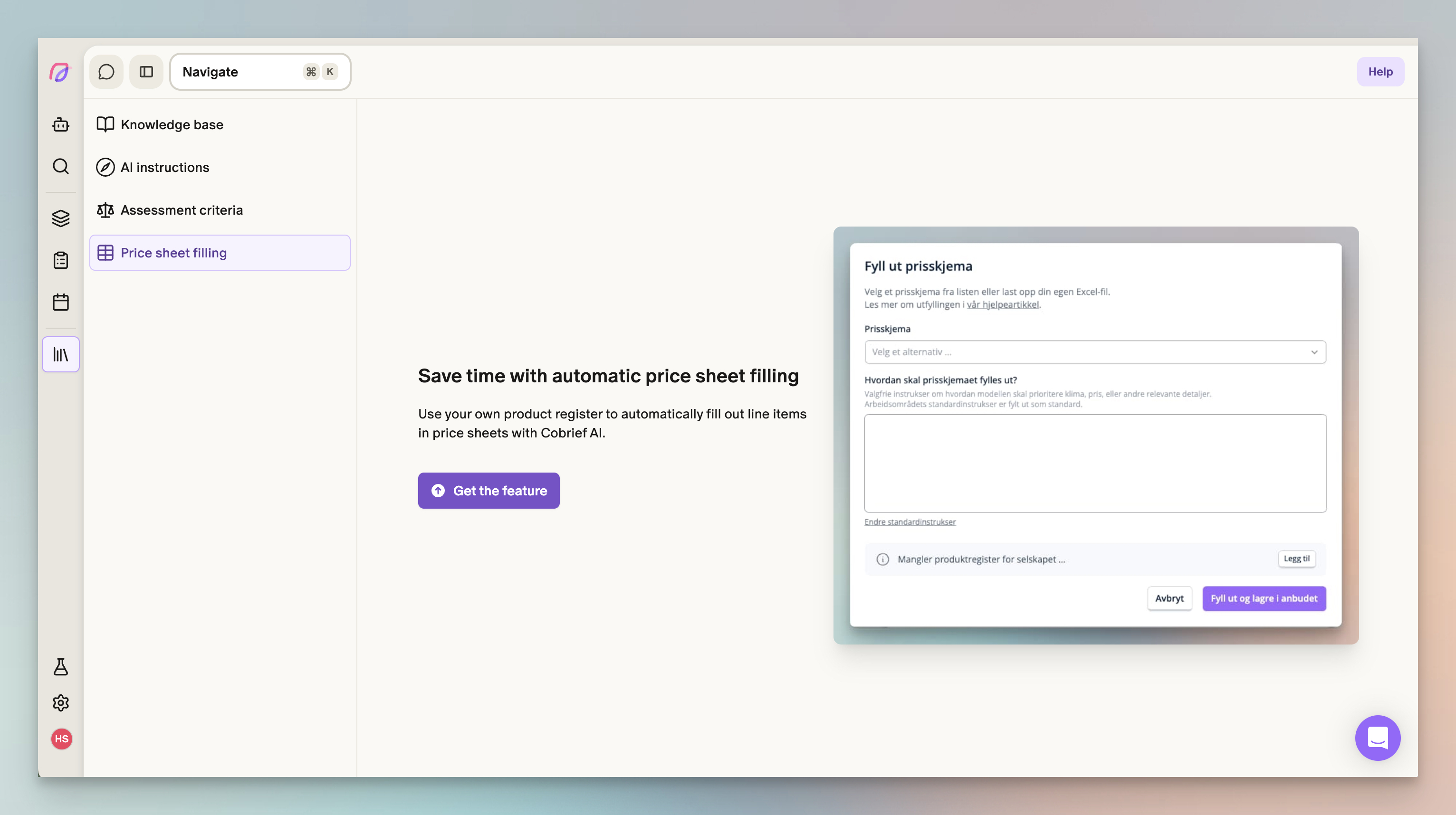 Screenshot of where to automatically fill out price sheets using the product register and Cobrief AI, saving hours on manual entry.