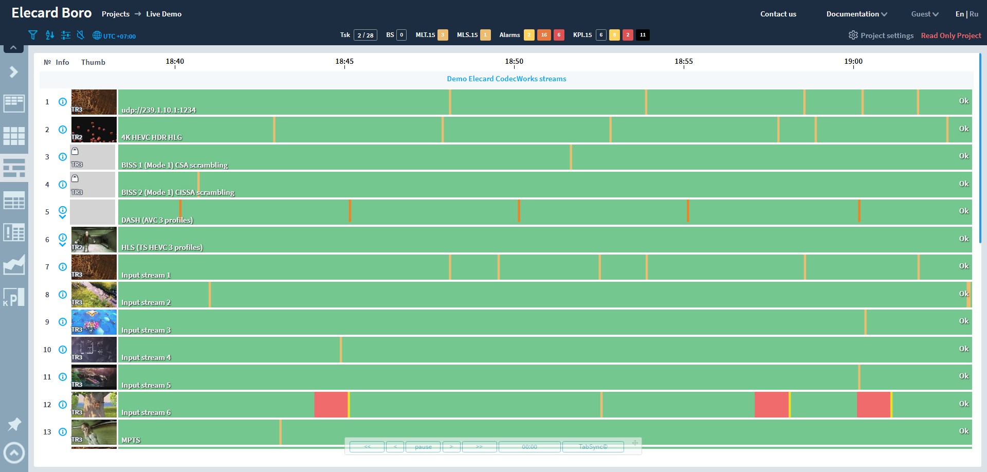 Screenshot of Live View Layout. Streaming issues are highlighted with colors depending on importance