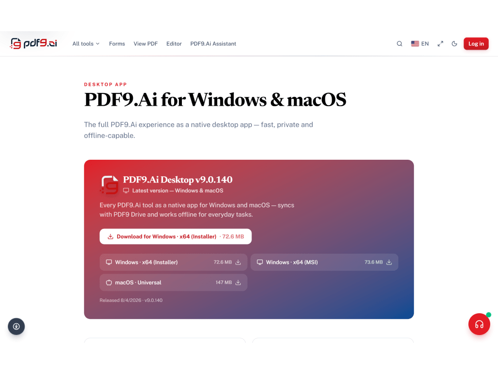 Screenshot of Users on Windows or macOS can install the full native desktop experience — all 70 PDF tools, offline-capable and synced with PDF9 Drive. Three installers are available: Windows x64 Installer (72.6 MB), Windows MSI (73.6 MB), and macOS Universal (147 MB), covering both Intel and Apple Silicon.