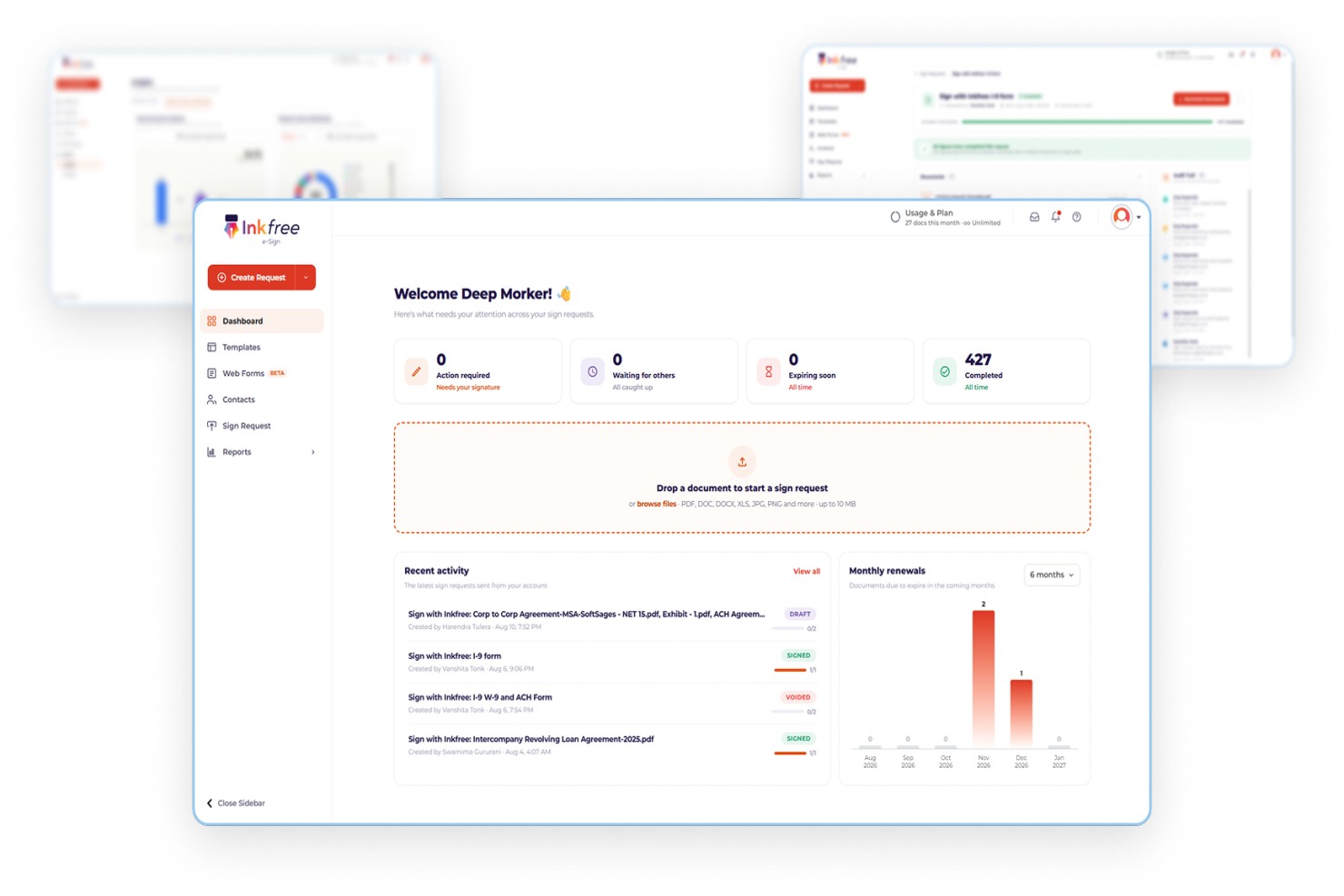Screenshot of Inkfree eSign dashboard showing document status, upload area, recent signing activity, and monthly renewal analytics.