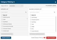 Screenshot of BrowseControl's category filtering feature window. The URL category database is constantly updated with new URLs, making the blocking of porn, malware-infected sites, social media, and other undesirable websites as easy as a few clicks.