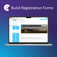Screenshot of the registration form builder used to configure event-specific forms, including custom fields, field ordering, and participant data collection. Registration forms can also include fee structures and optional products or add-ons, configured as part of the registration workflow.