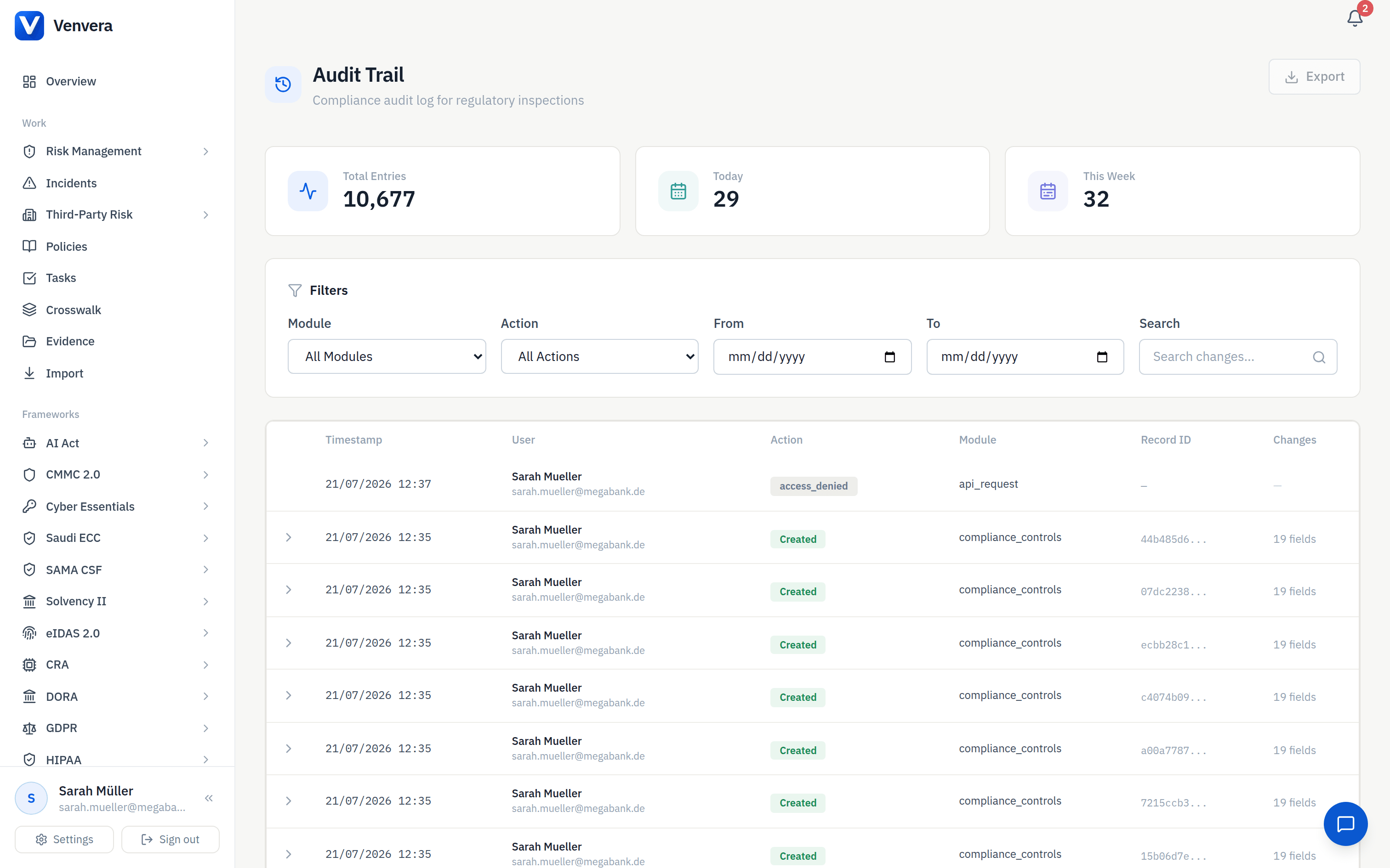 Screenshot of Compliance officers get a tamper-evident, filterable log of every platform action — 10,677 entries spanning all modules — so regulators and auditors see exactly who did what and when. Exportable for DORA, GDPR, and ISO 27001 inspections.