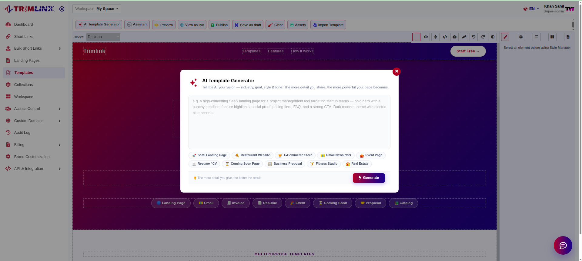 Screenshot of Trimlink AI Landing Page Generator creates customized landing pages using prompts, templates, industry options, and AI-powered design tools.