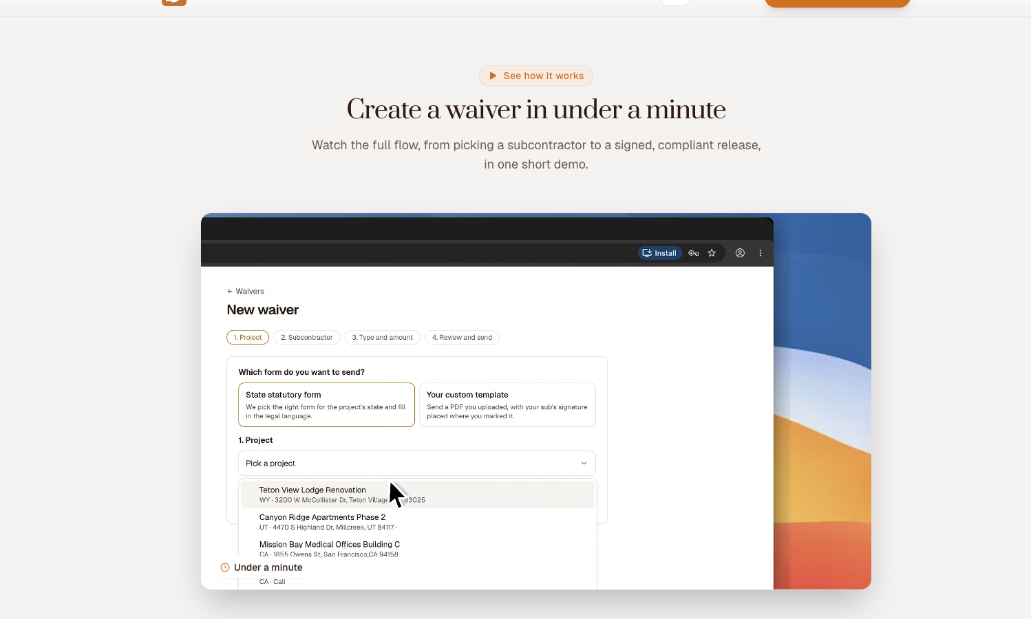 Screenshot of LienDone homepage highlighting automated lien waiver workflows, simple subcontractor e-signatures, and instant compliance tracking.