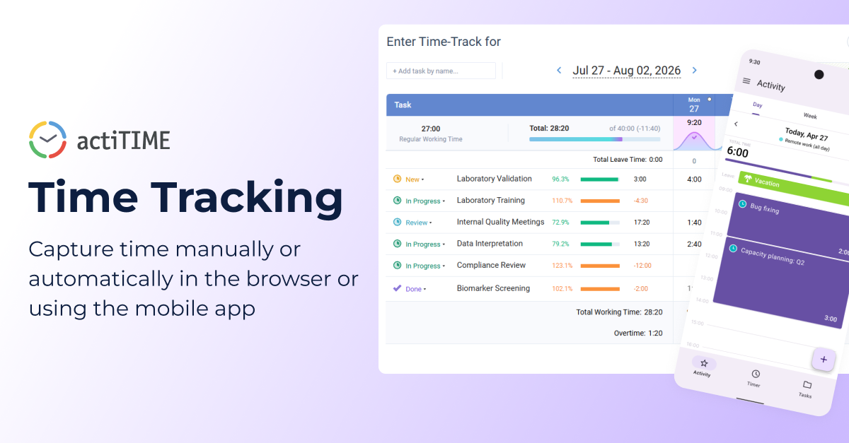Screenshot of The options: online timesheet, a browser extension and a free mobile app. Record time spent in other apps and on the go. Ensure data accuracy and security with timesheet locking and approvals