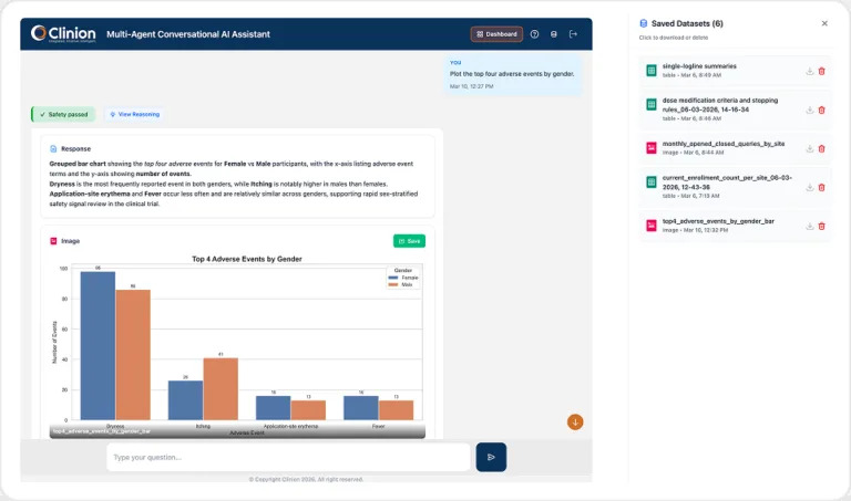 Screenshot of Exportable reports | Clinion Agentic Assistant