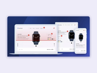 Screenshot of a responsive web design display across a desktop, tablet, and mobile, featuring a luxury watch product page, with a monitoring overlay visible.