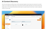 Screenshot of the AI using machine learning to gather data about a site and mixing it with Google metrics to find SEO-optimized content ideas for any given keyword. These clusters can be saved to generate content in the next step.
