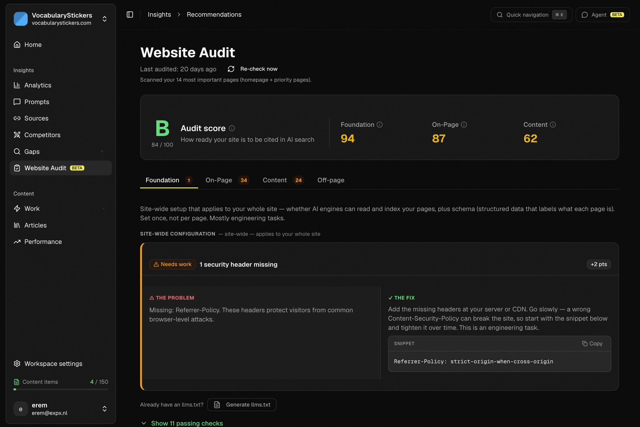Screenshot of The audit scores how ready a site is to be cited in AI search, split into Foundation, On-Page and Content checks. Each failing check explains the problem and gives the fix, with a copyable snippet where one applies.