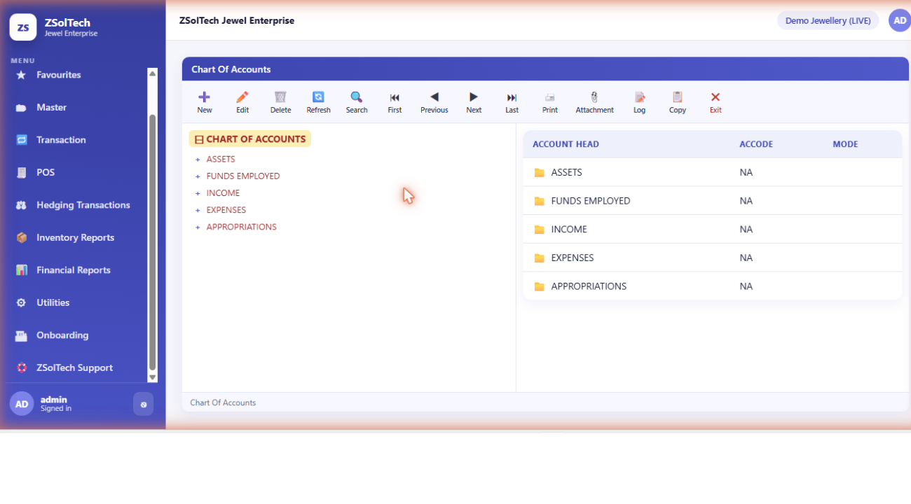 Screenshot of ZSolTech Web Char of Accounts