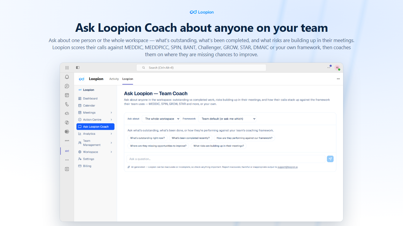 Screenshot of the Loopion Team Coach feature.