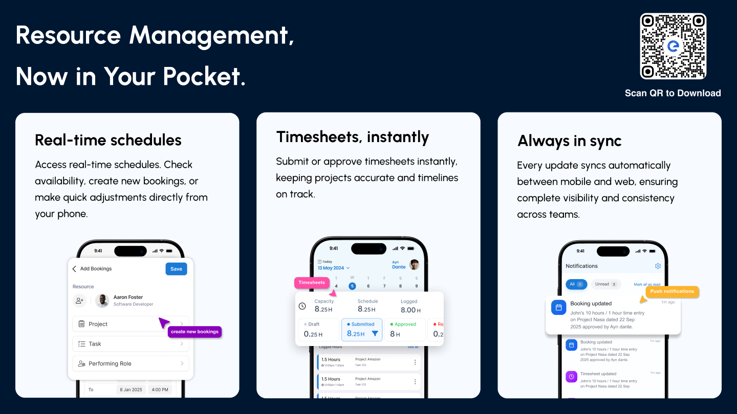 Screenshot of the eResource Scheduler mobile app, which gives teams real-time visibility and control on the go. Schedule resources, log and approve time entries, and stay updated with instant notifications so work never falls out of sync.