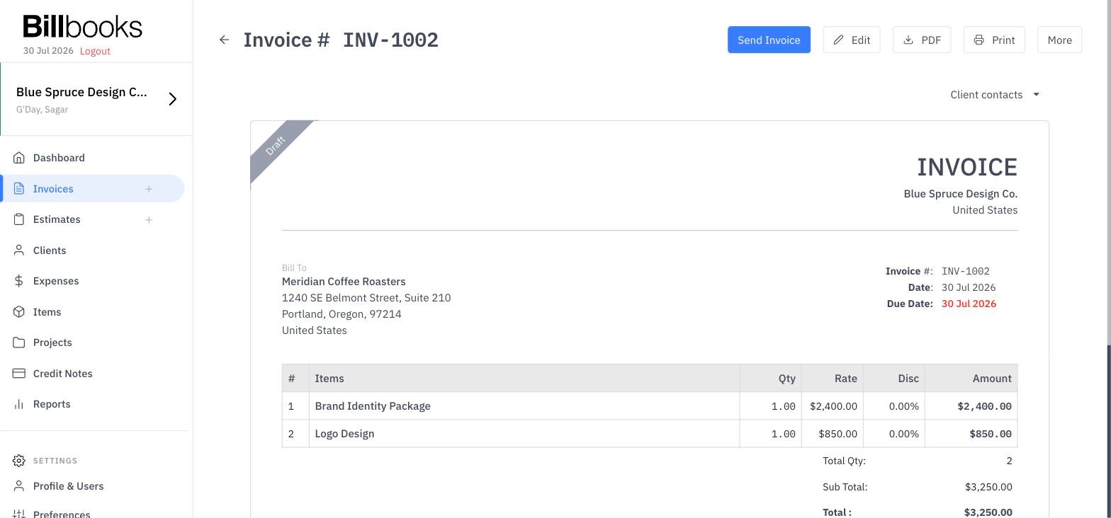 Screenshot of an invoice preview in the new billbooks interface, displaying client details, itemized charges, totals, and quick actions to edit, download, print, or send clean, fast, and ready to send.