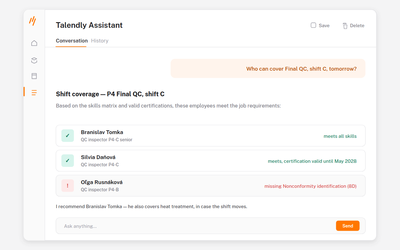Screenshot of Talendly's conversational assistant. users ask in plain language, and get an answer with the reasoning behind it.