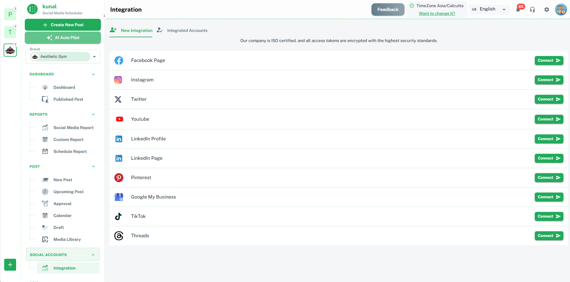 Screenshot of the Brand2Social Interface, which interactions and lists of social accounts appear.