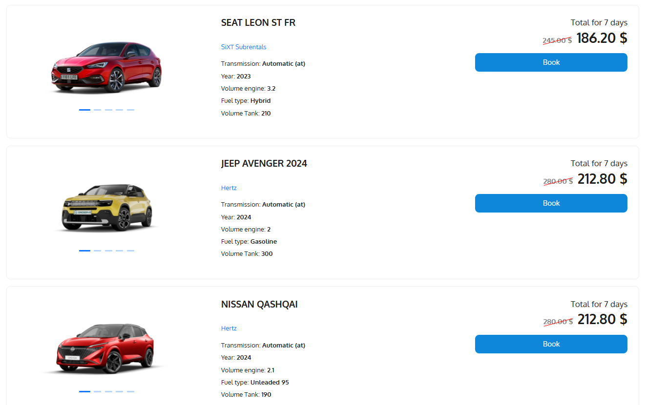 Screenshot of the booking engine