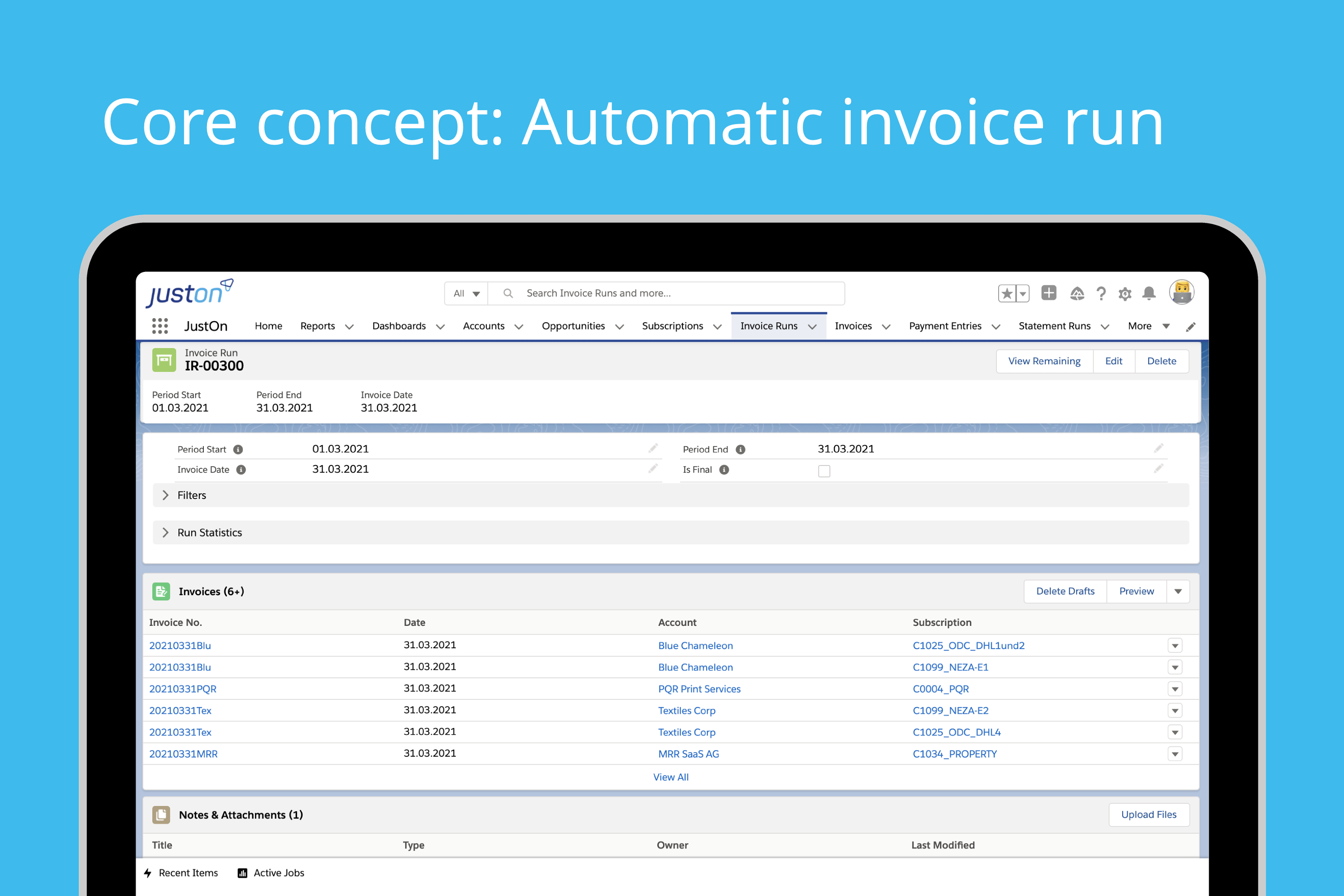 Screenshot of The invoice run – based on customer, product, contract, price, and usage data.