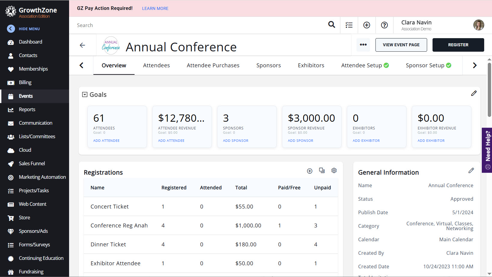 Screenshot of the interface to proactively create events and manage event registrants and sponsors.