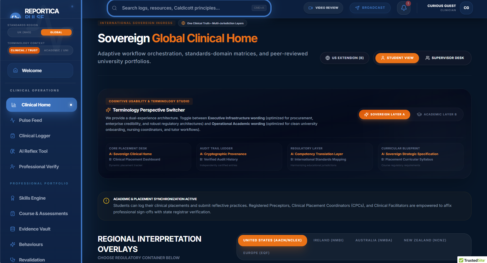 Screenshot of Pulse Global: Reportica Pulse has a UK focus as well as a global iteration - to cater for the US and countries with NMC-aligned nursing standards — Australia through the ANMC, Ireland through NMBI, New Zealand through the NCNZ and the Canadian provincial nursing bodies.