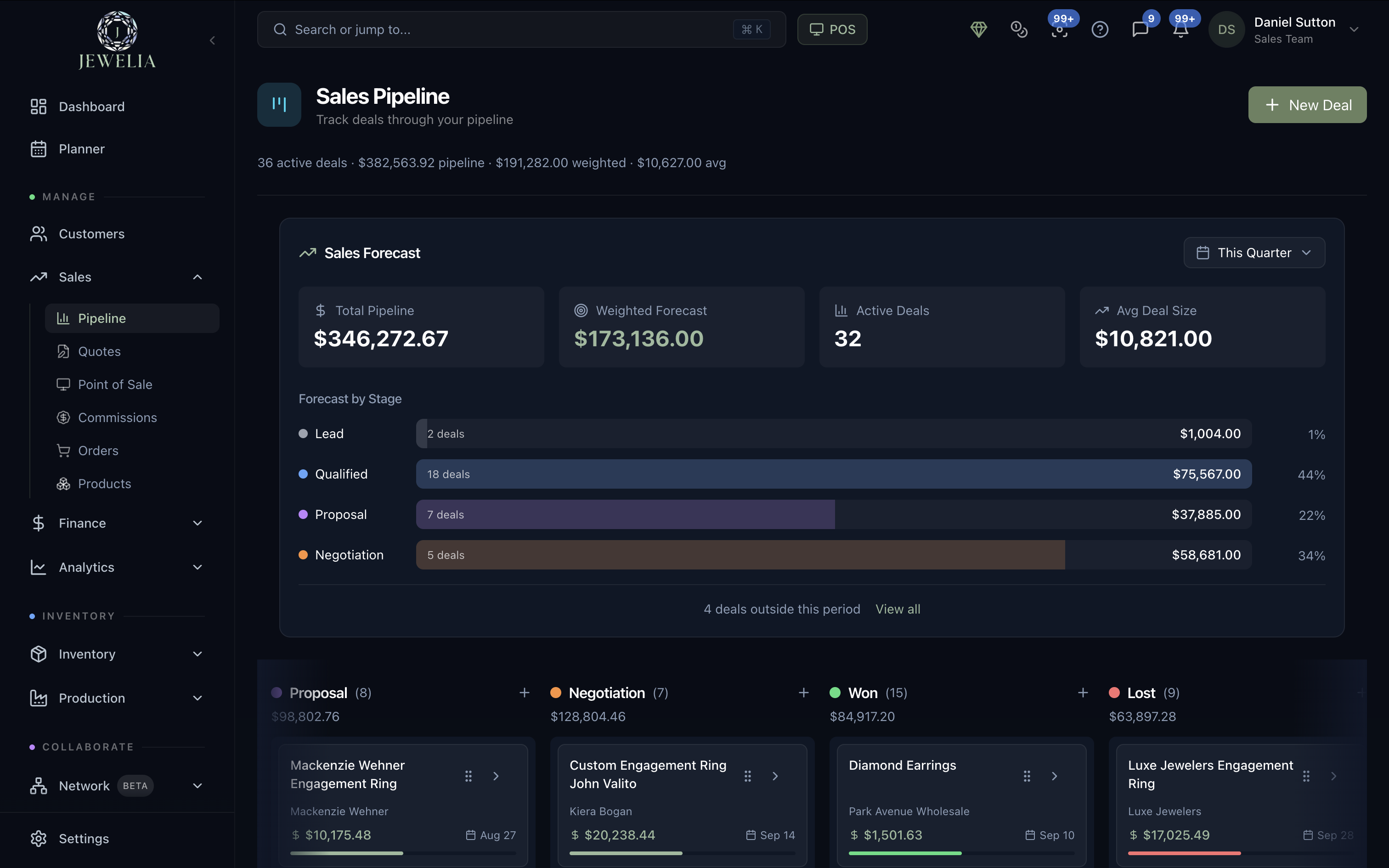 Screenshot of Sales pipeline with weighted forecast: track every deal from lead to won and see exactly what's closing this quarter