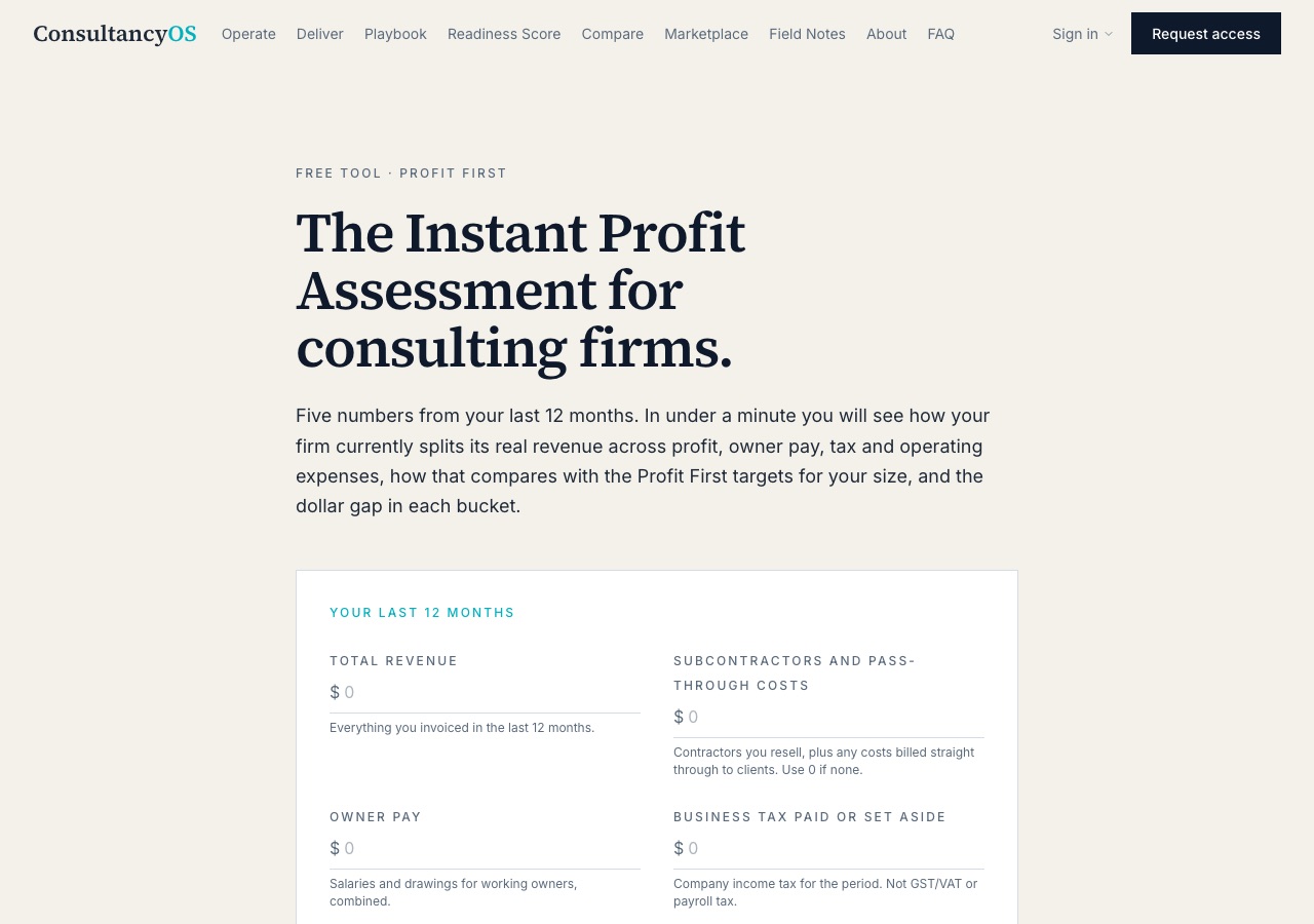 Screenshot of Instant Profit Assessment: Profit First targets for consulting firms.