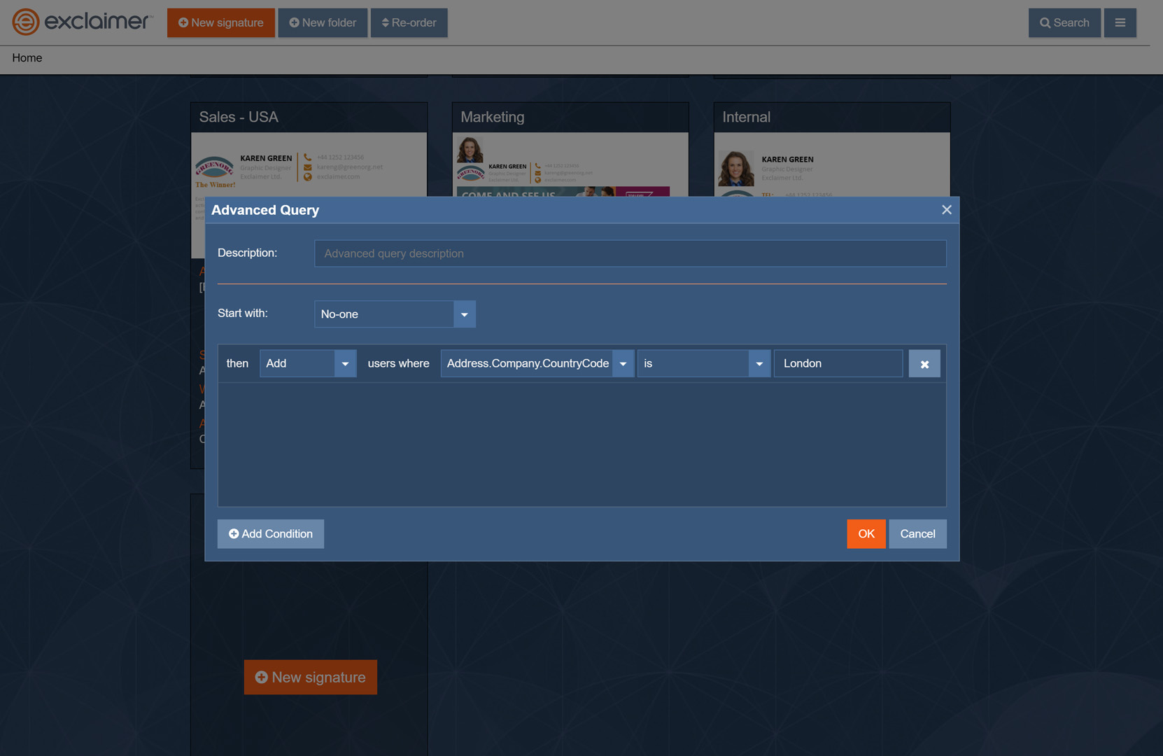Screenshot of Assign G Suite email signatures to you users based on specific user attributes, such as Google Group, office location, or even a job title.