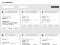 Screenshot of the connections interface, showing multiple MySQL and PostgreSQL database connections across different environments including AWS, Azure, and local instances. Users can view connection details, edit configurations, and add new connections.