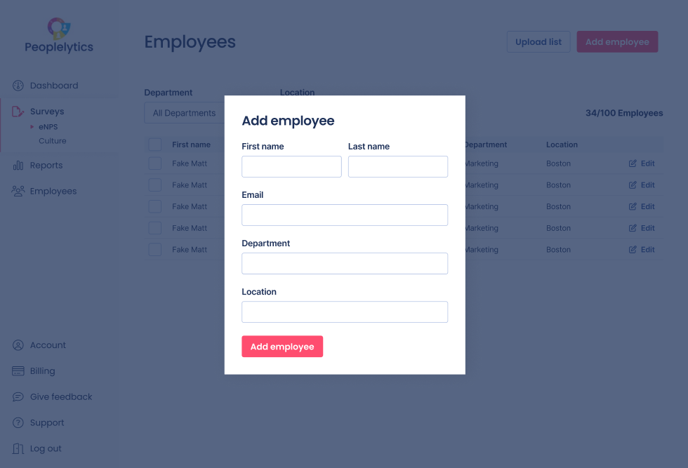Screenshot of employee management (adding individual employee) in the background is the list of all current employees, to add a new employee the user gets a popup modal in the product