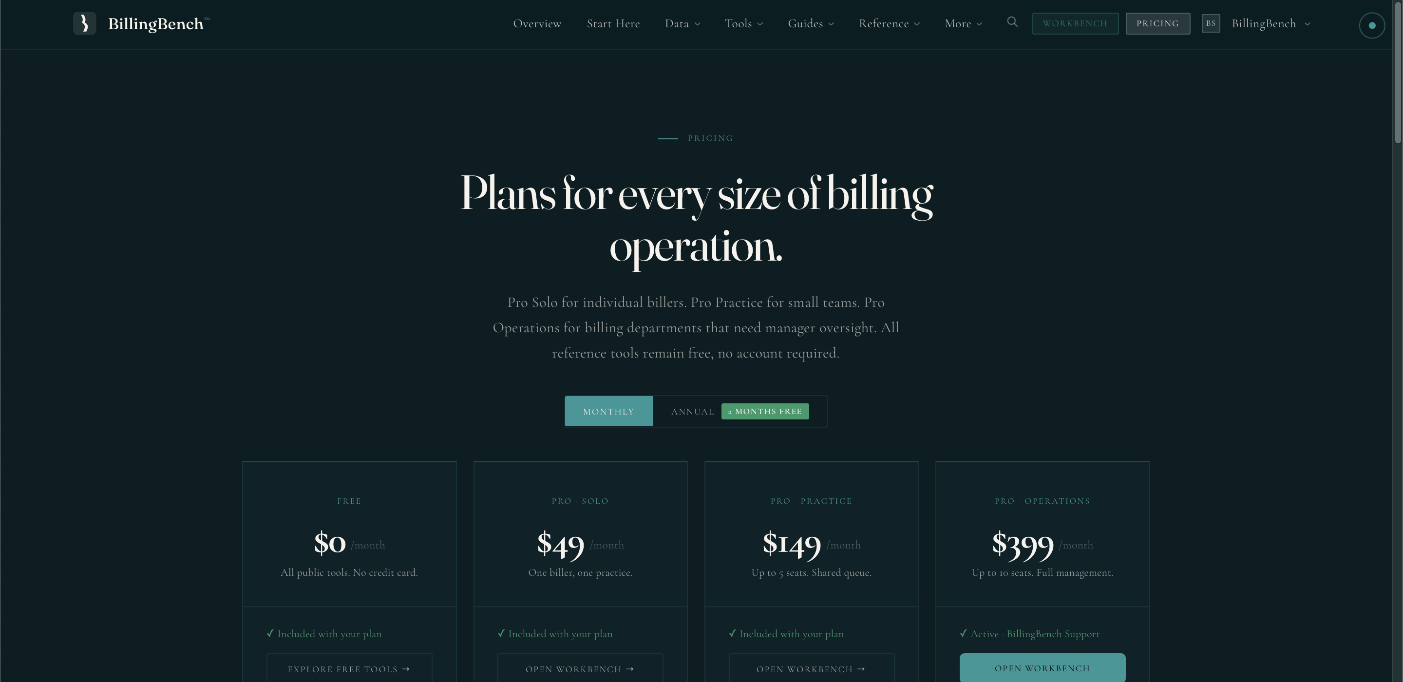 Screenshot of Pricing tiers: Free (all reference tools, no account required), Pro Solo ($49/month), Pro Practice ($149/month flat, up to 5 seats), and Pro Operations ($399/month flat, up to 10 seats).