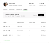 Screenshot of Manage international employees' time off, compensation, benefits, etc, from our all-in-one platform.