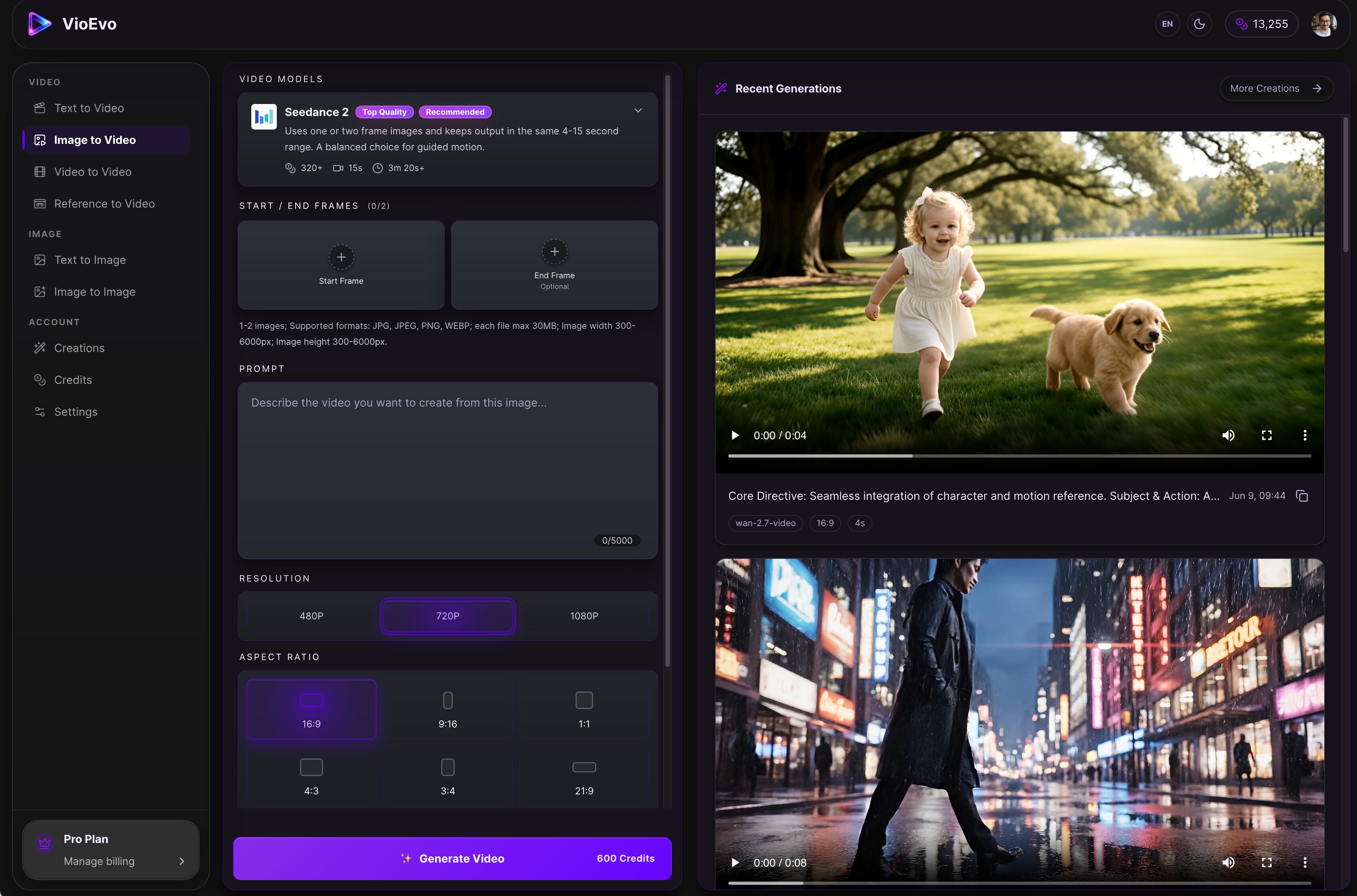 Screenshot of Image-to-Video module adding dynamic motion and camera controls to static reference images.