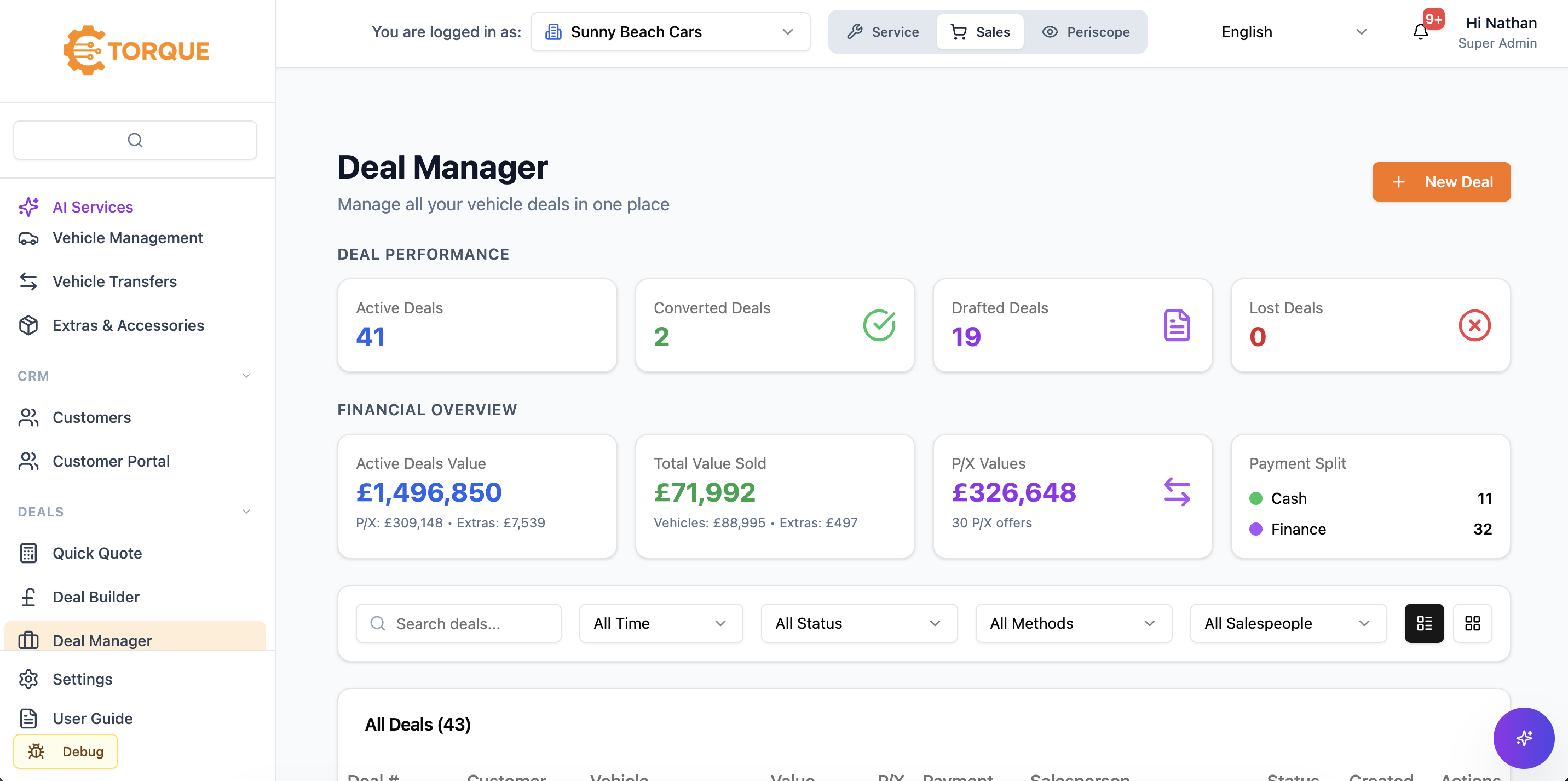 Screenshot of The Deal Manager overview. Shows deal performance metrics (41 active, 2 converted, 19 drafted), a financial summary with £1.49M active deal value and £326K in P/X values, and a filterable deals list at the bottom.