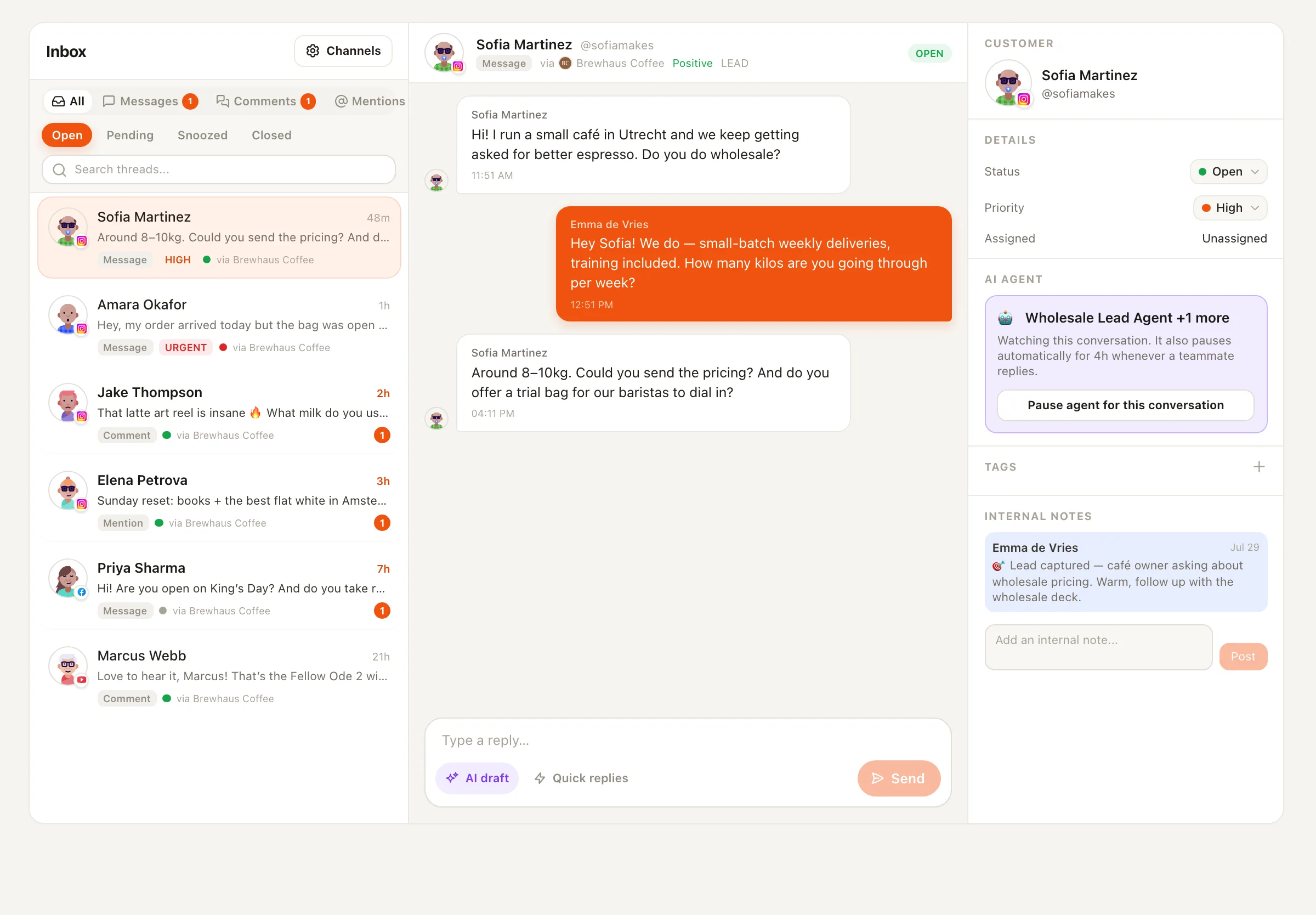 Screenshot of Unified inbox with an AI-drafted reply awaiting approval