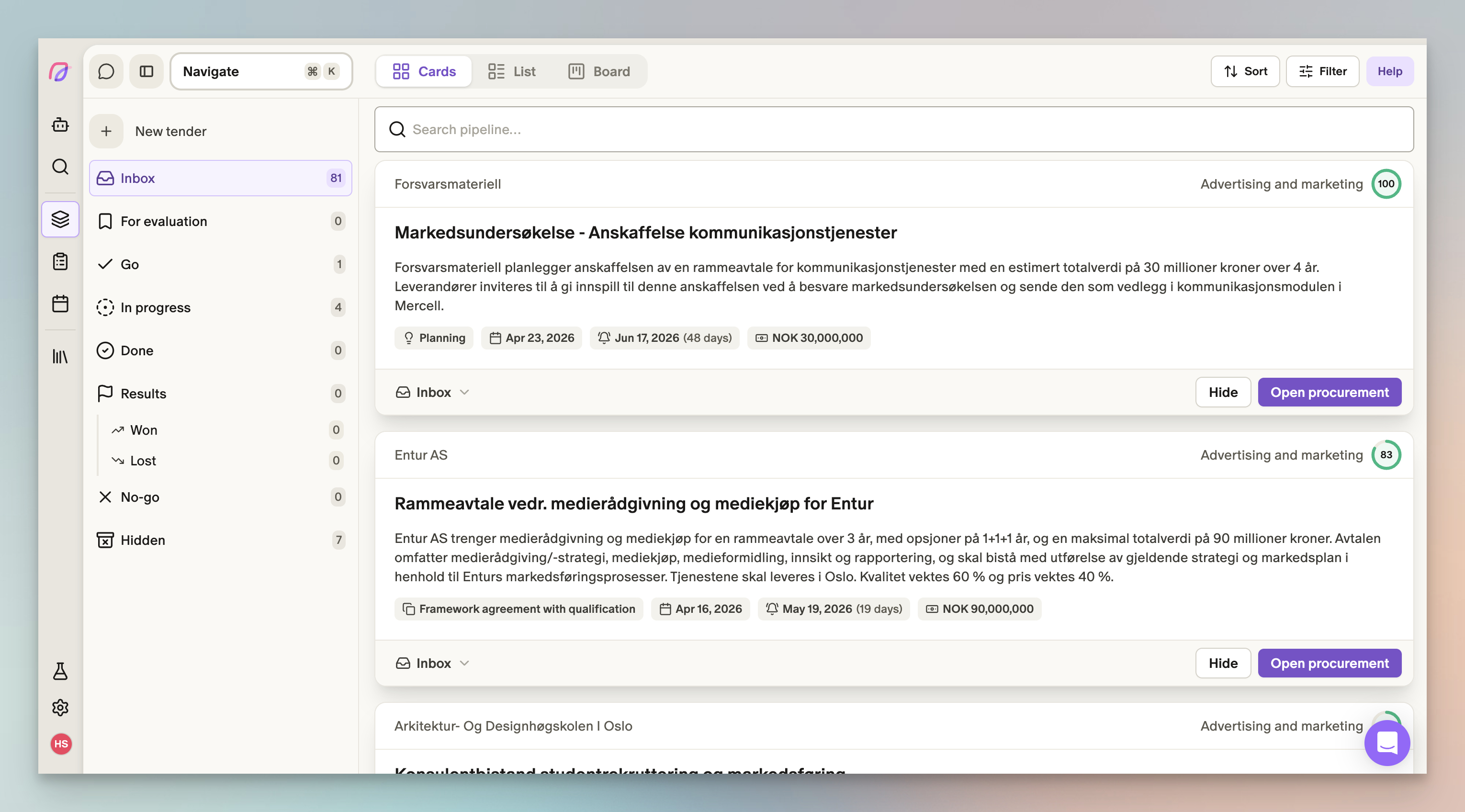 Screenshot of the interface to track every opportunity from inbox to won or lost. AI relevance scores help prioritize the tenders most likely to match.