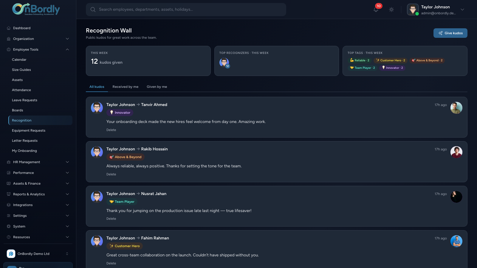 Screenshot of Recognition Wall