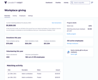 Screenshot of Workplace Admin Dashboard: Here is where the Charityvest for Workplaces Admin can manage their corporate giving program.
