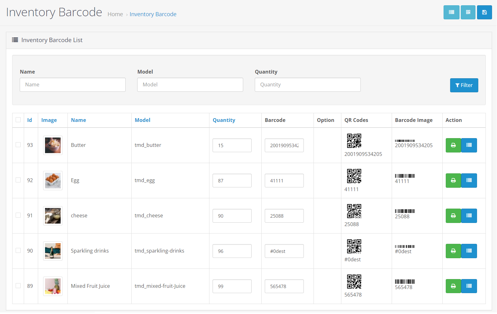 Screenshot of where to select one or multiple products to generate a barcode and print them.