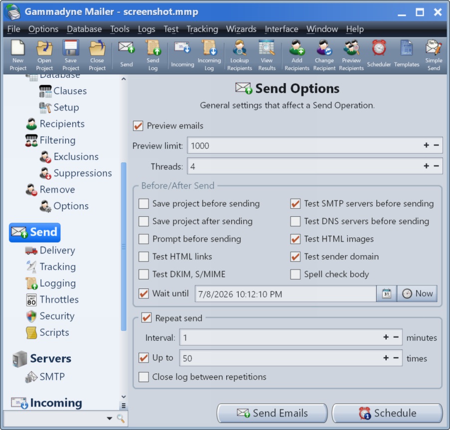 Screenshot of Send Options