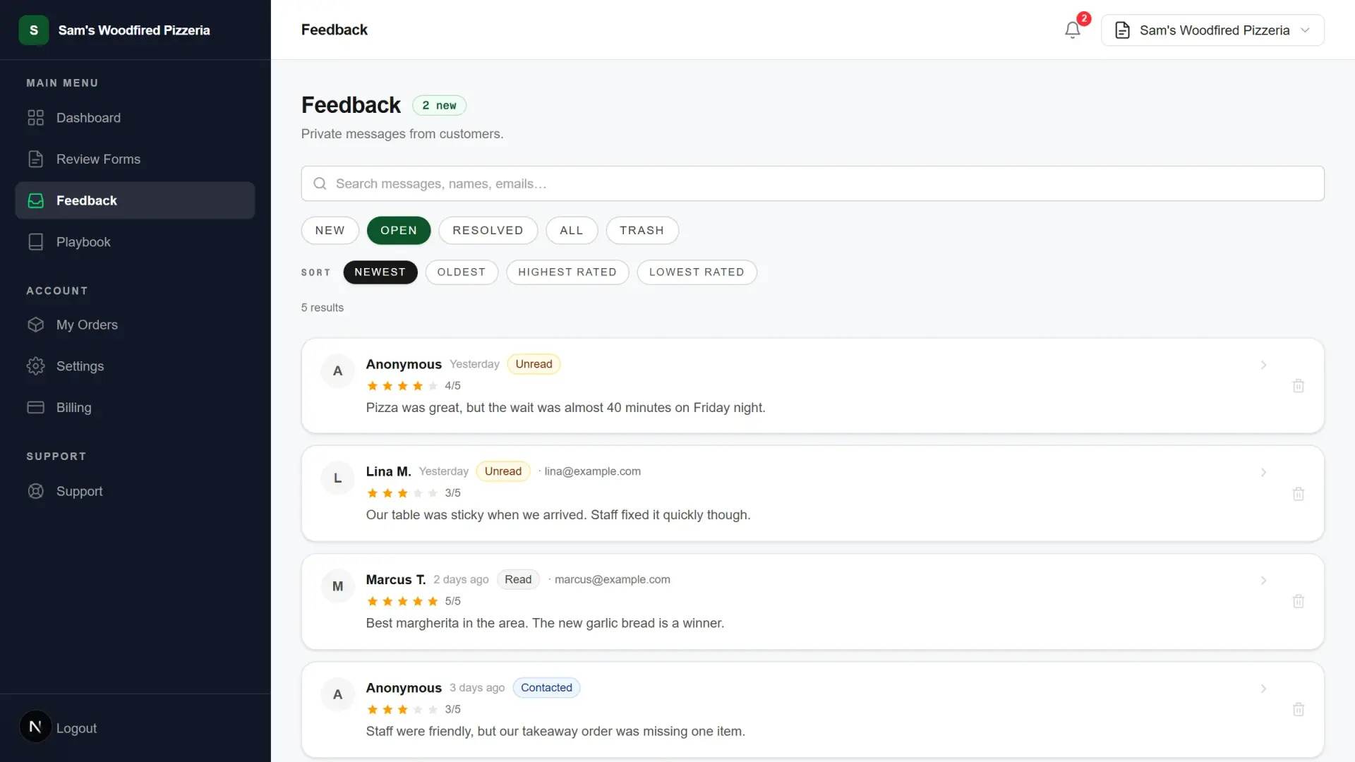 Screenshot of Feedback Overview