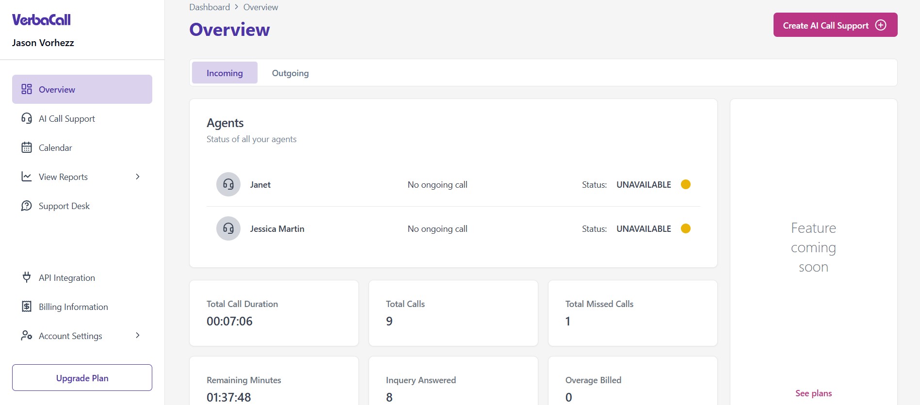 Screenshot of a dashboard overview of an AI call agent