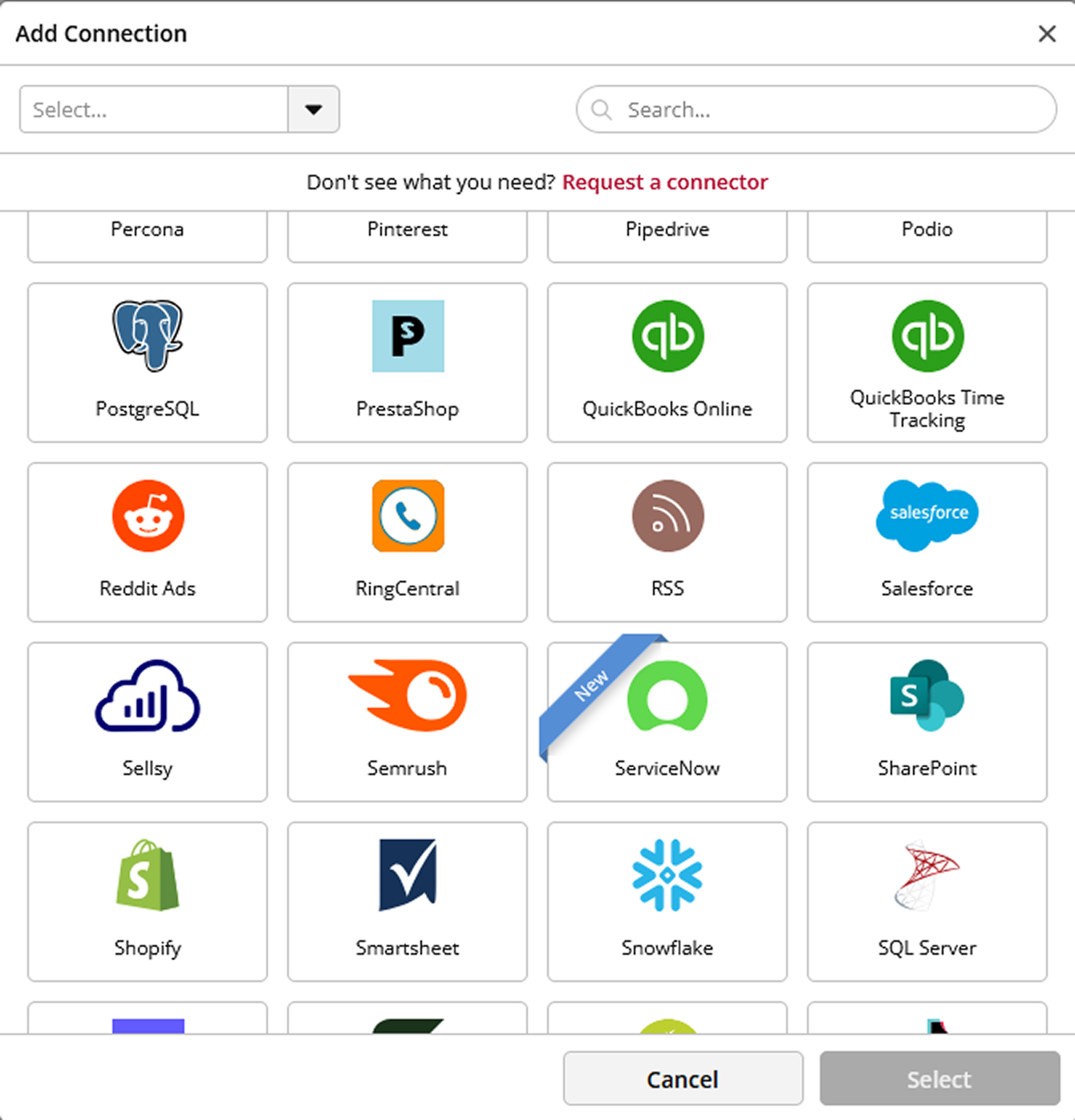Screenshot of Some of ClicData's connectors. 300+ data connections are available.