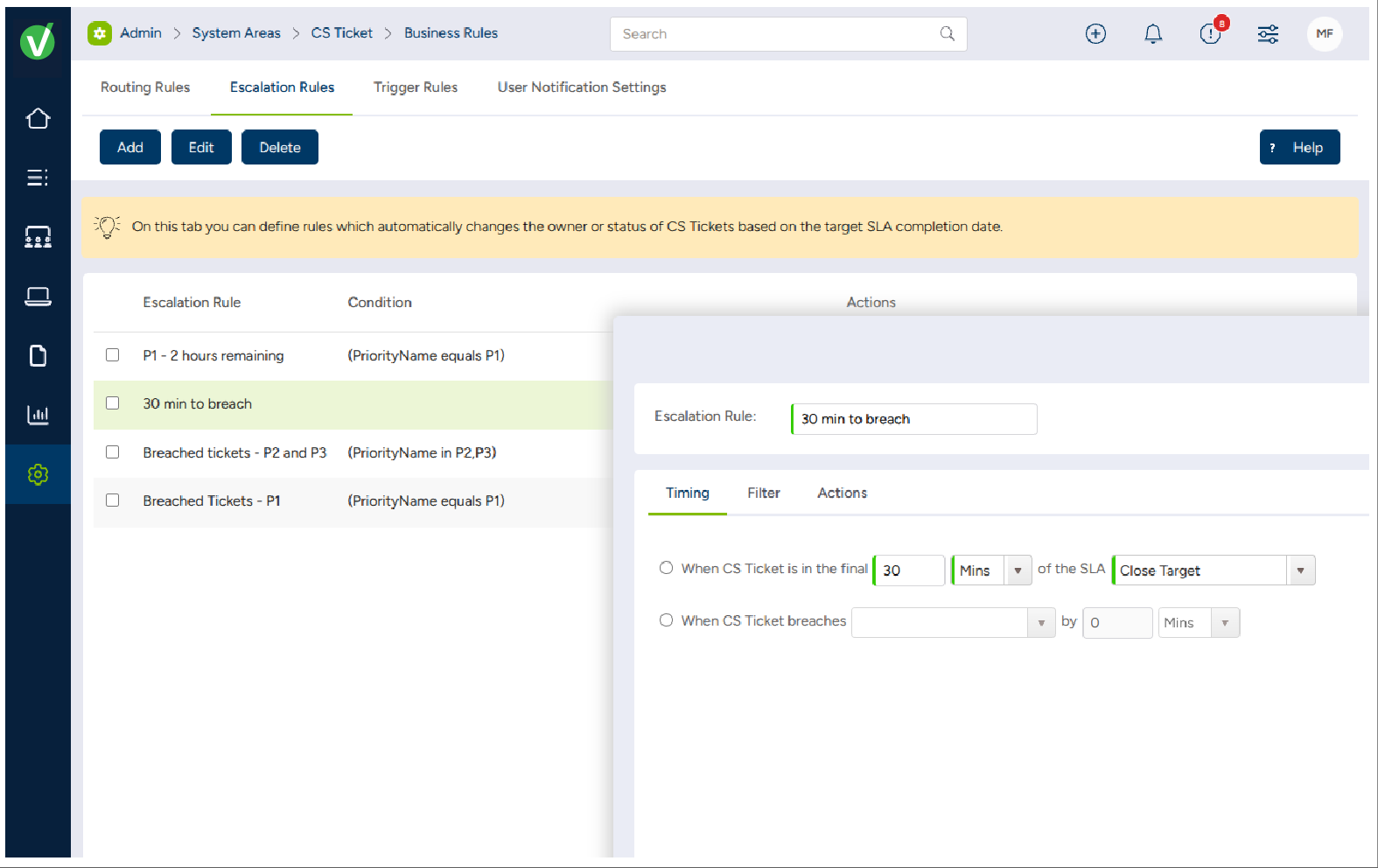 Screenshot of configurable business rules that route, prioritize, update, and escalate requests based on the organization's service processes.