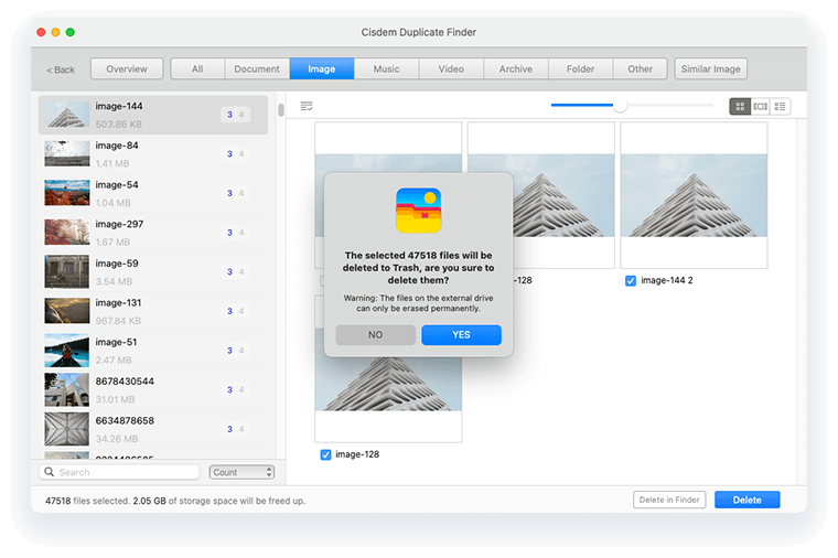 Screenshot of the interface to show selections and deletions of duplicates