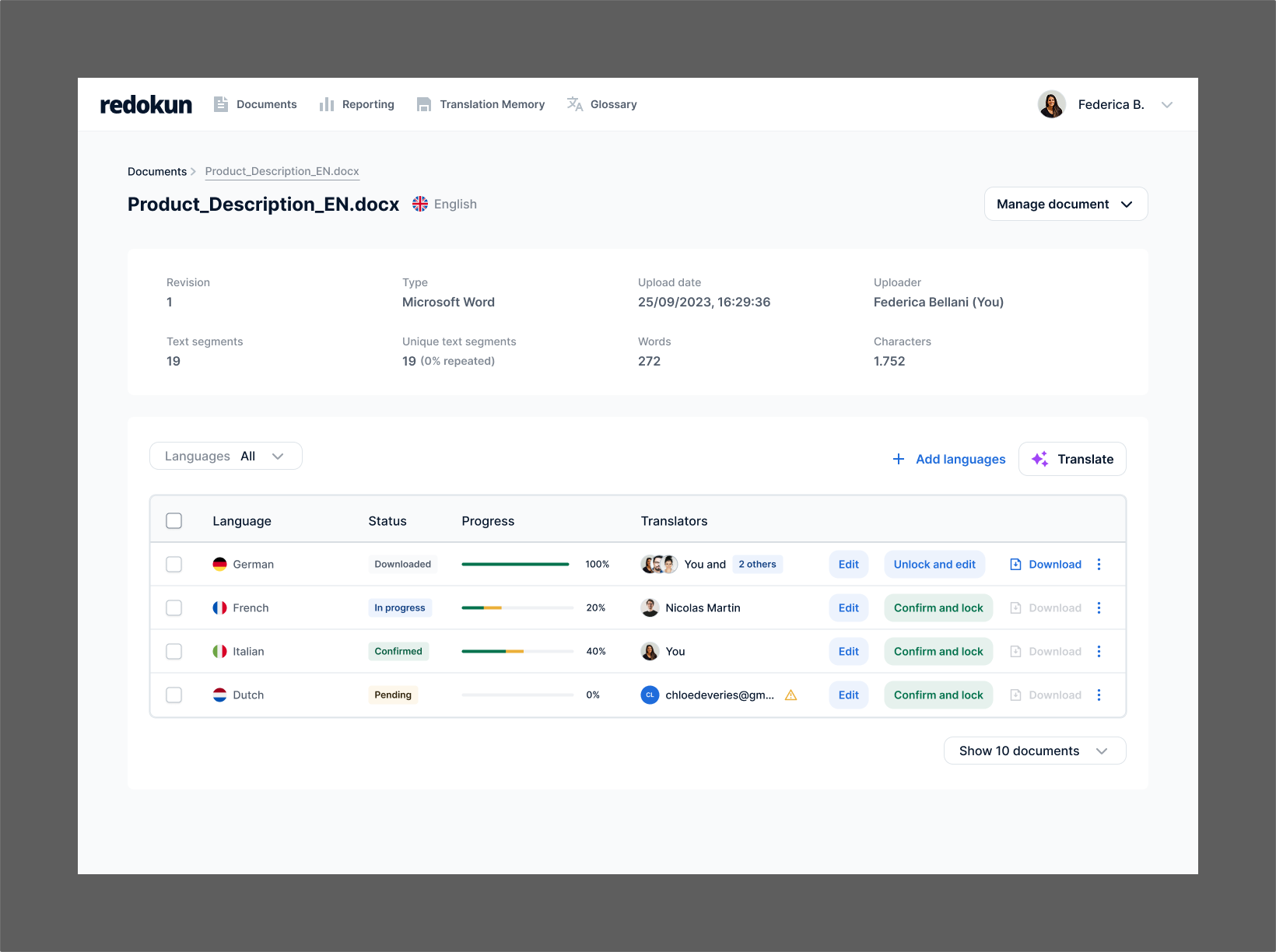 Screenshot of Document details is the page where users can manage your translation projects in one place – across all languages