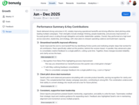 Screenshot of where Bonusly automatically pulls together recognition, feedback, and work highlights into an organized performance recap. Managers get a clear storyline of contributions across months, and employees see their impact reflected accurately. This supports more fair, consistent, and insightful performance conversations.