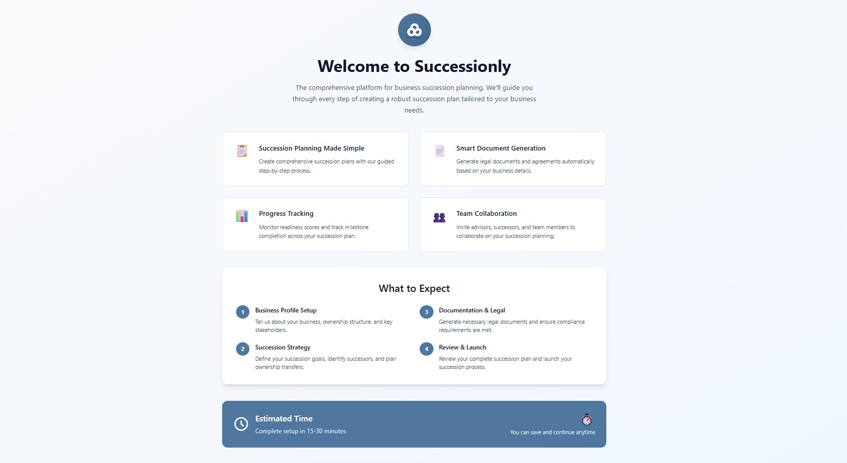 Screenshot of the intake wizard used to capture core business and successor details to power the Successionly API with the info it needs to create a custom plan.
