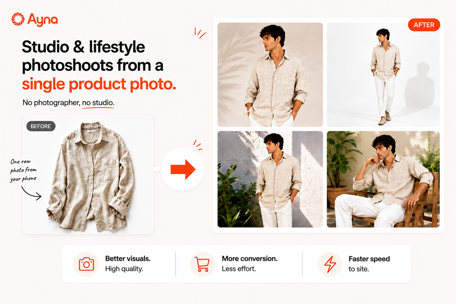 Screenshot of Studio and lifestyle photoshoots from a single product photo: upload a flat-lay or hanger shot and generate on-model imagery in studio or lifestyle settings, no photographer needed.